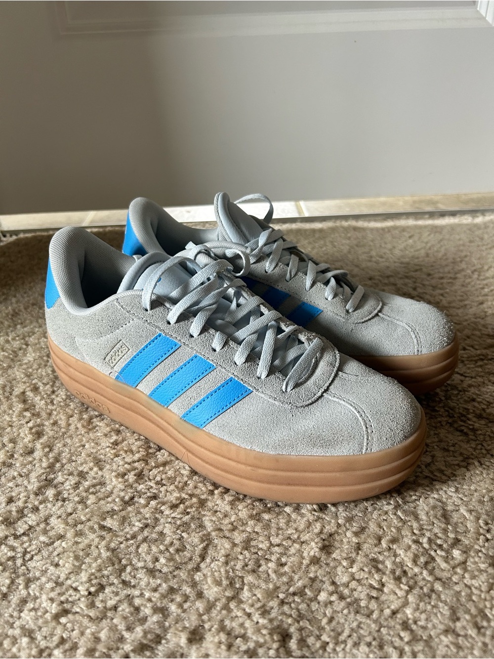 Adidas Platform Light Gray/Blue Suede Sneakers with Blue Stripes and Gum Sole